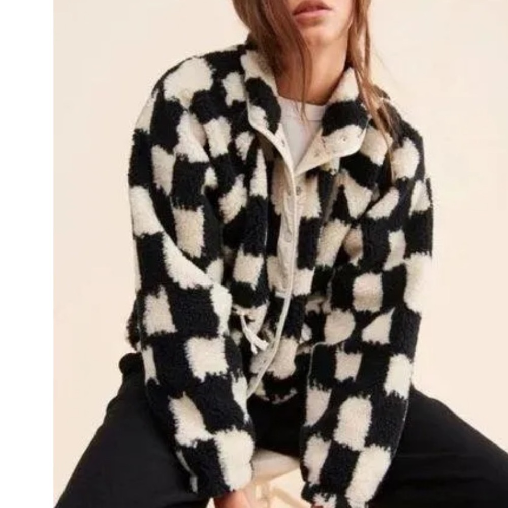 FREE PEOPLE FP MOVEMENT Hit The Slopes Printed Fleece Jacket Black White Checker - Picture 15 of 16